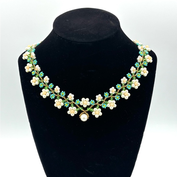 Hand Crafted Jewelry - Hand Crafted Spring Flowers Statement Necklace with White Pearls